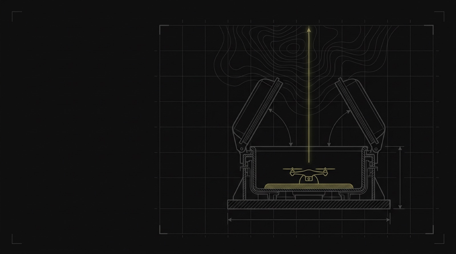 Schematic cross-section: a drone dock enclosure with its lid open, one signal path rising from the aircraft on the pad