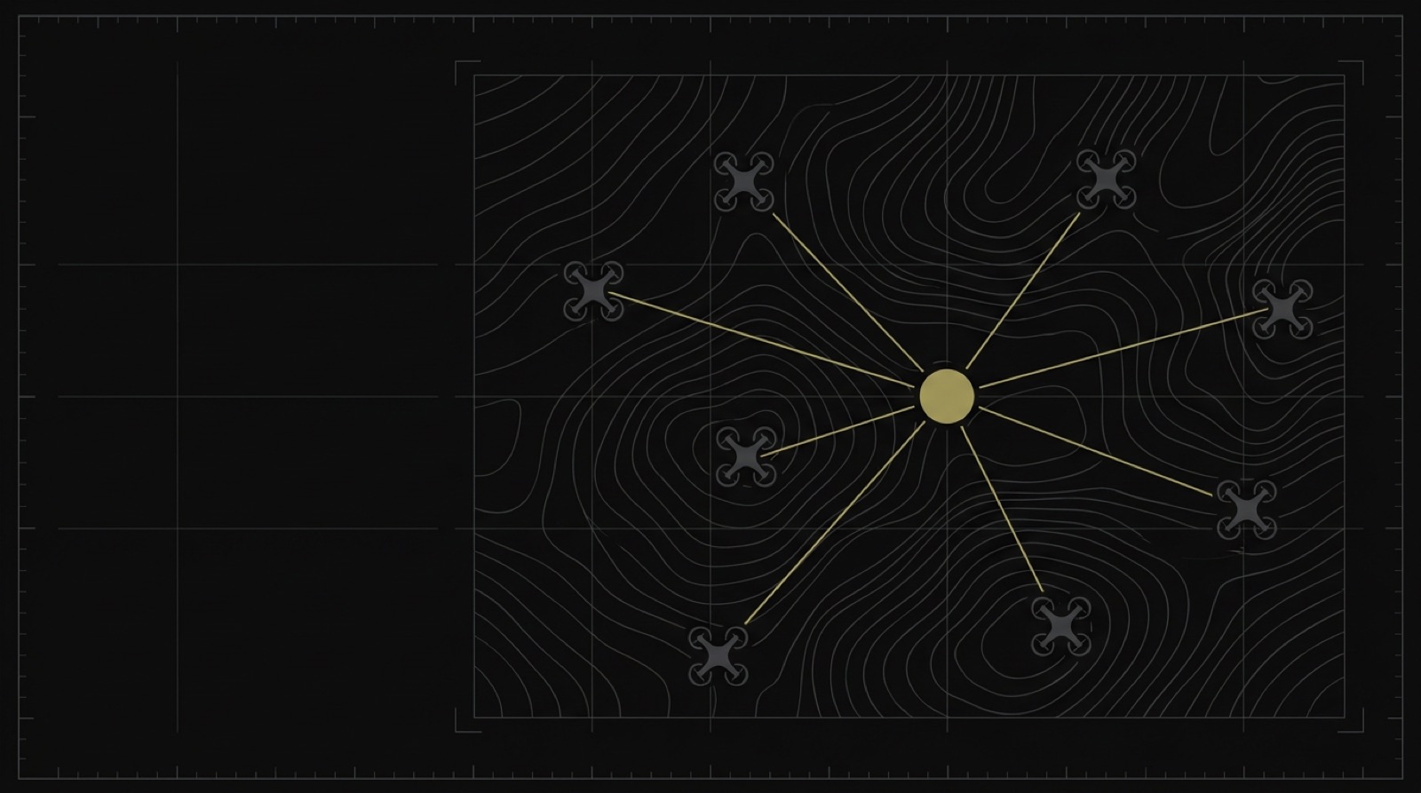 Schematic: a fleet of drones on a terrain grid, their signal paths converging on a single relay node