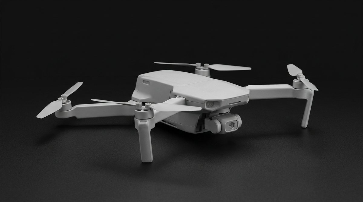 Drone dobrável compacto de menos de 250 gramas, corpo cinza claro, braços finos e uma única câmera pequena em gimbal