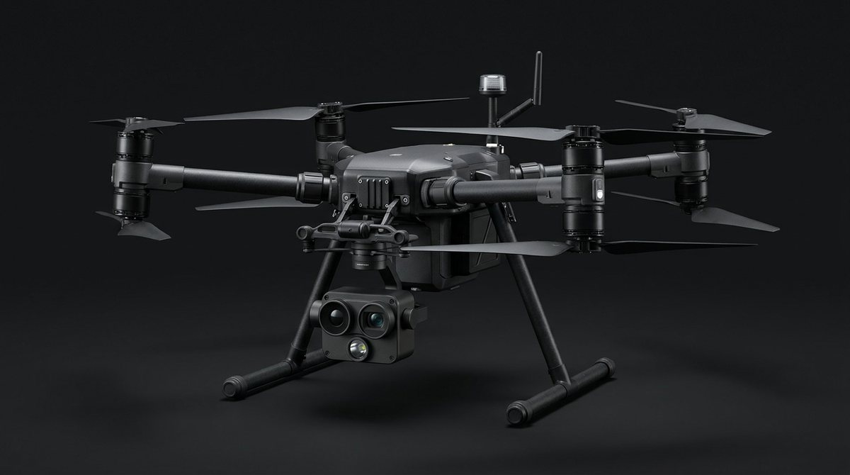 Drone empresarial robusto com trem de pouso alto, carga útil de duplo sensor sob o nariz, mastro de antena e luz estroboscópica