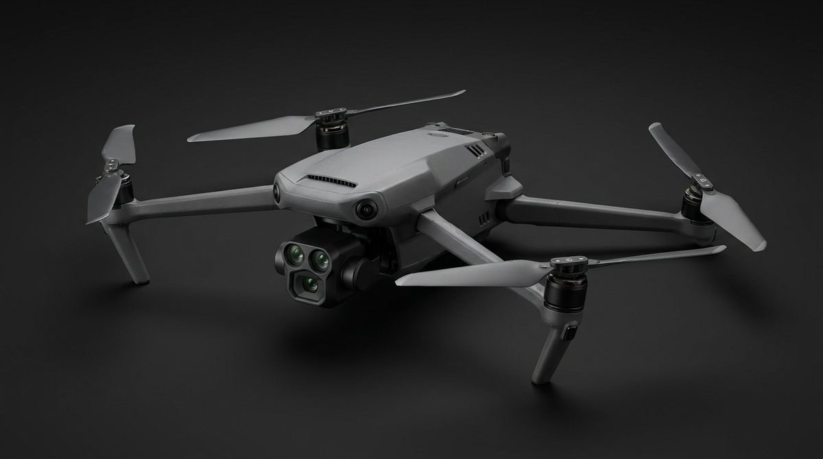 Drone dobrável de tamanho médio, corpo cinza escuro, hélices maiores e um conjunto de três lentes no gimbal