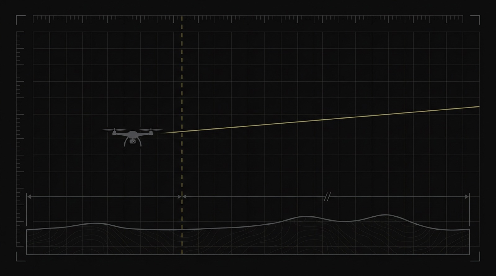 Schematic: a drone crossing the visual-line-of-sight boundary, its flight path continuing beyond it