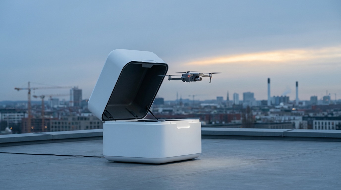 A white drone landing station open on a rooftop at dusk, with a small quadcopter hovering just above it and a city skyline behind.