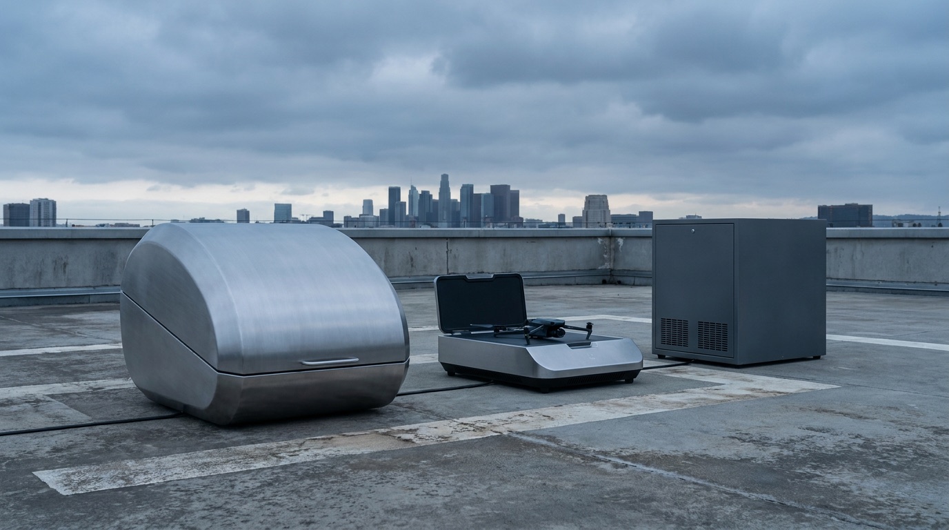 Three different drone landing stations side by side on a rooftop: a large rounded metal enclosure, a low flat station with its lid open and a quadcopter inside, and a tall dark cabinet.