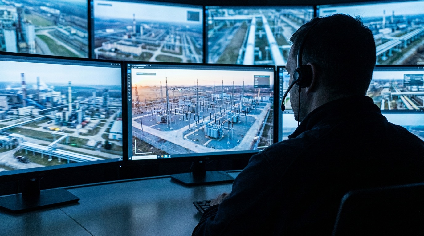 An operator wearing a headset in a darkened control room, watching aerial video of an industrial site across several large monitors.