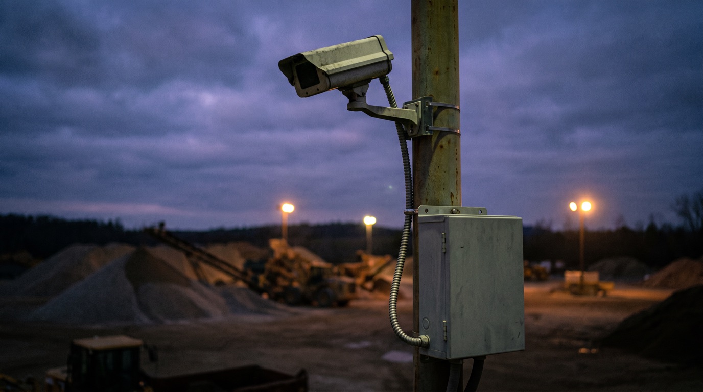 A weatherproof fixed camera mounted on a steel pole at dusk, with a plain grey equipment enclosure bolted below it and an armoured cable running between the two. Behind, out of focus, a working aggregate yard under sodium lamps.