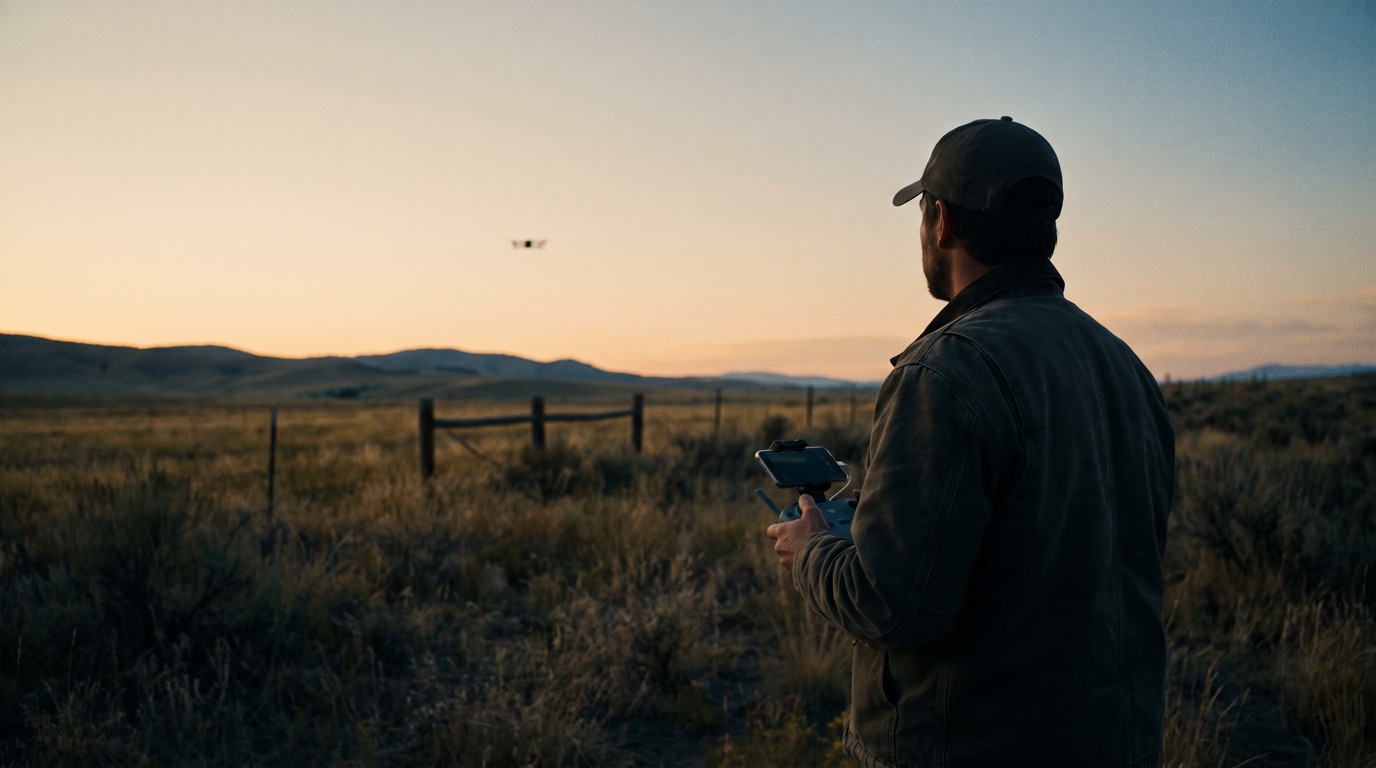 A drone pilot stands alone in an open grass field at dusk, seen from behind, holding a handheld controller with a phone clipped above it. A small quadcopter hovers far off against a pale sky over low hills.