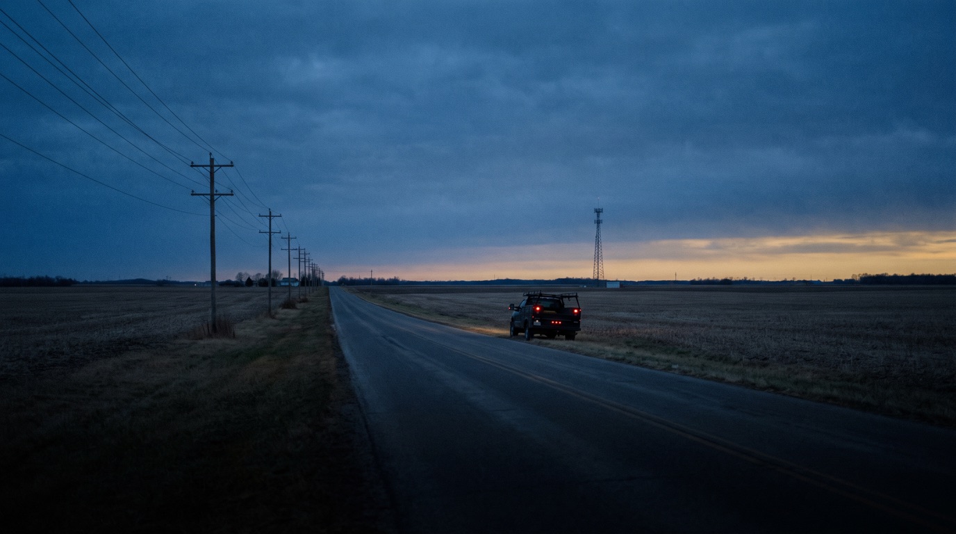 An empty two-lane road through winter farmland at blue hour, power lines receding along the verge, a work truck parked on the shoulder with its lights on, and a single lattice mast small on the horizon.