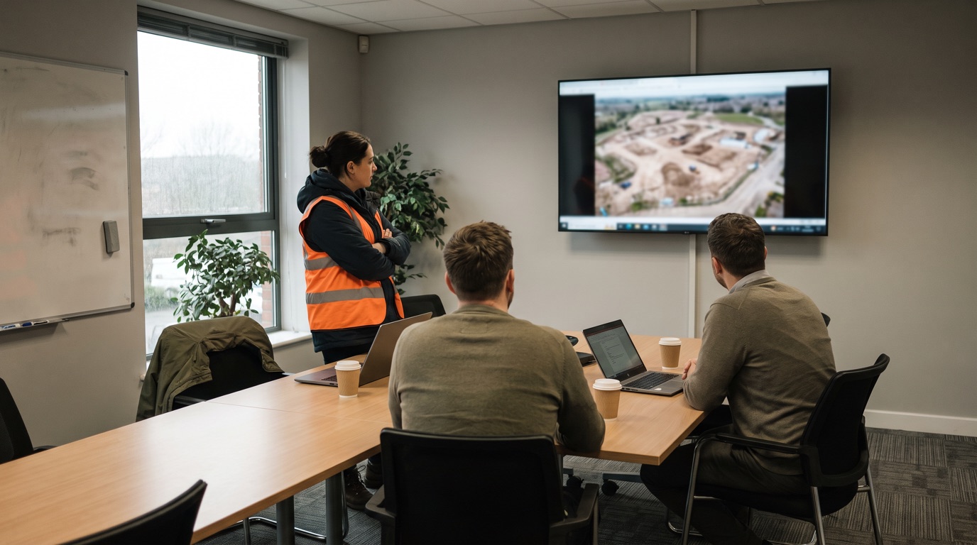 Three colleagues in an ordinary meeting room watch an aerial view of a construction site on a wall-mounted screen. One stands in a high-visibility vest with her arms folded, two sit at the table with laptops and coffee cups.