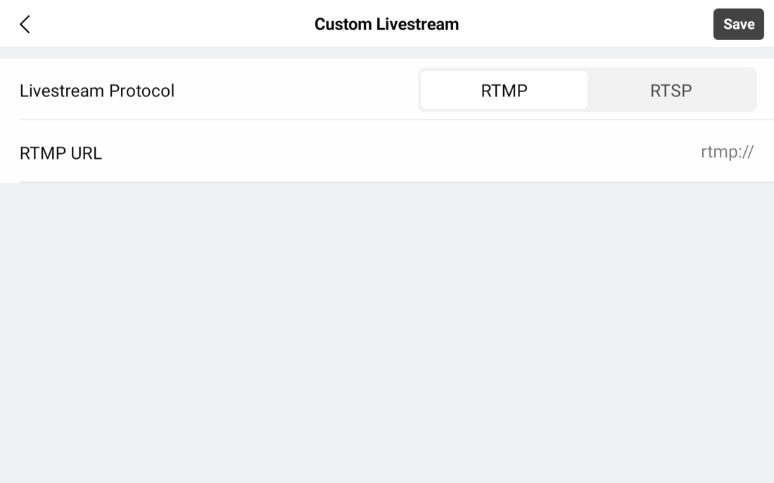 DJI Pilot 2 Customize Livestream screen, RTMP tab, empty RTMP URL field