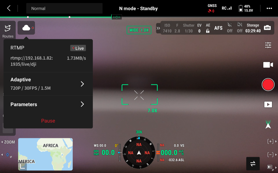 DJI Pilot 2 camera view with an active RTMP livestream, showing the destination address and live bitrate