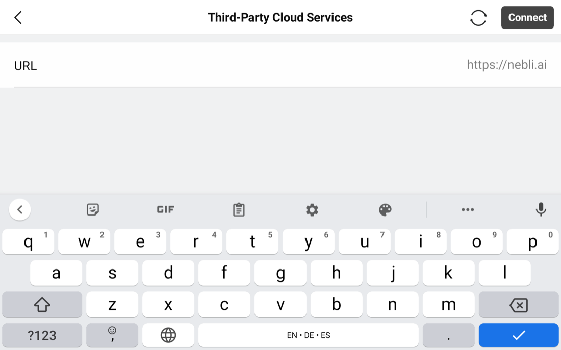 DJI Pilot 2 Third-Party Cloud Services screen with https://nebli.ai typed into the URL field