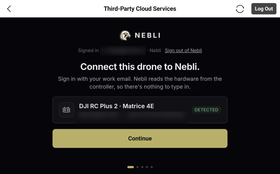 Nebli adopt page welcome screen inside Pilot 2, reading Connect this drone to Nebli, with the detected RC and aircraft