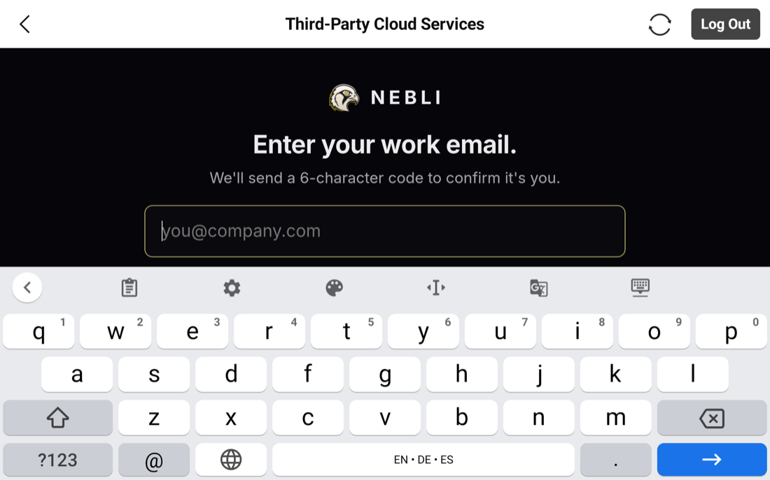 Nebli adopt page email entry screen, reading Enter your work email