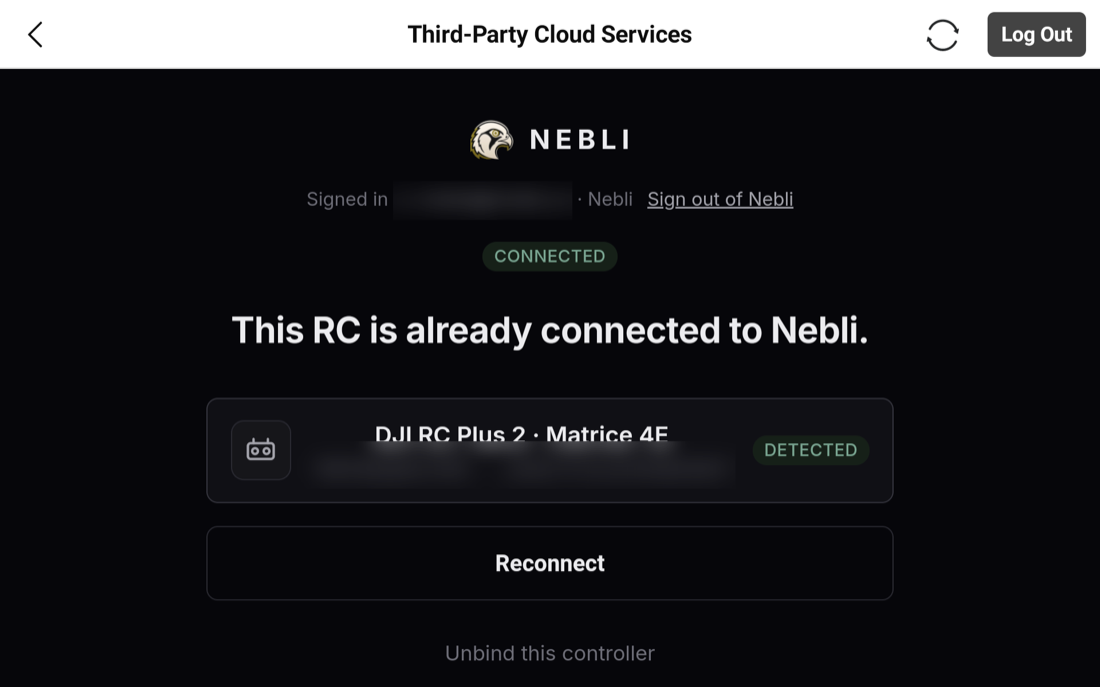 Nebli adopt page showing This RC is already connected, with a Reconnect button