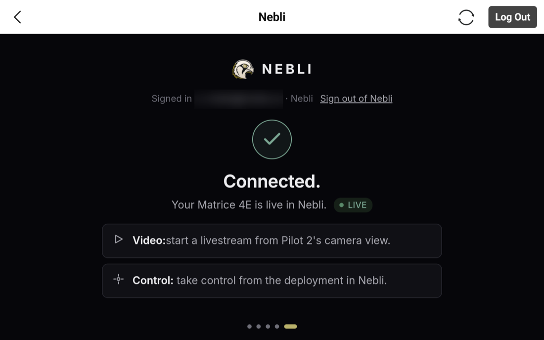 Nebli adopt page showing Connected, with Video and Control next-step rows