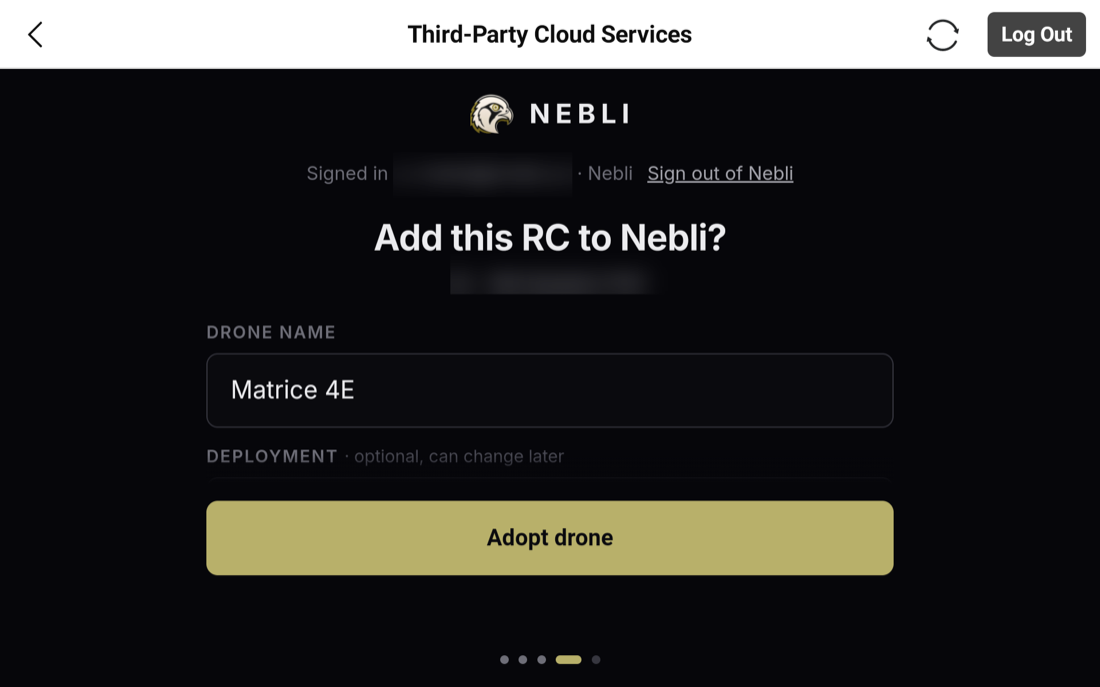 Nebli adopt page confirm screen, reading Add this RC to Nebli with the aircraft powered off, an editable drone name defaulting to the aircraft model, and a deployment field