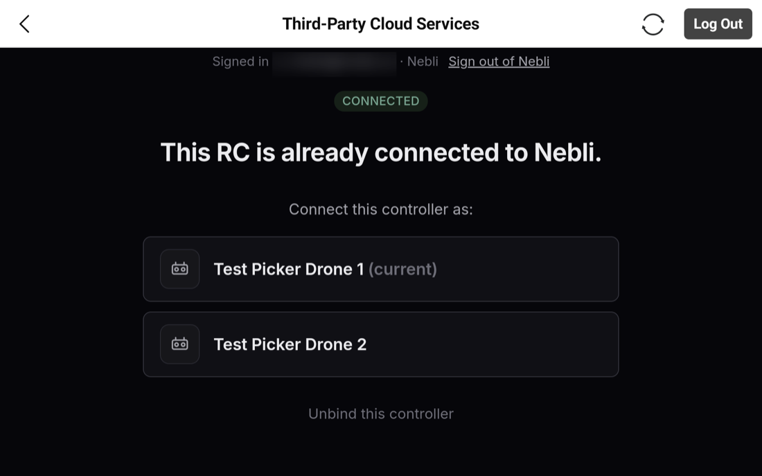 Nebli adopt page picker, reading Connect this controller as, listing the current drone and two pending drones