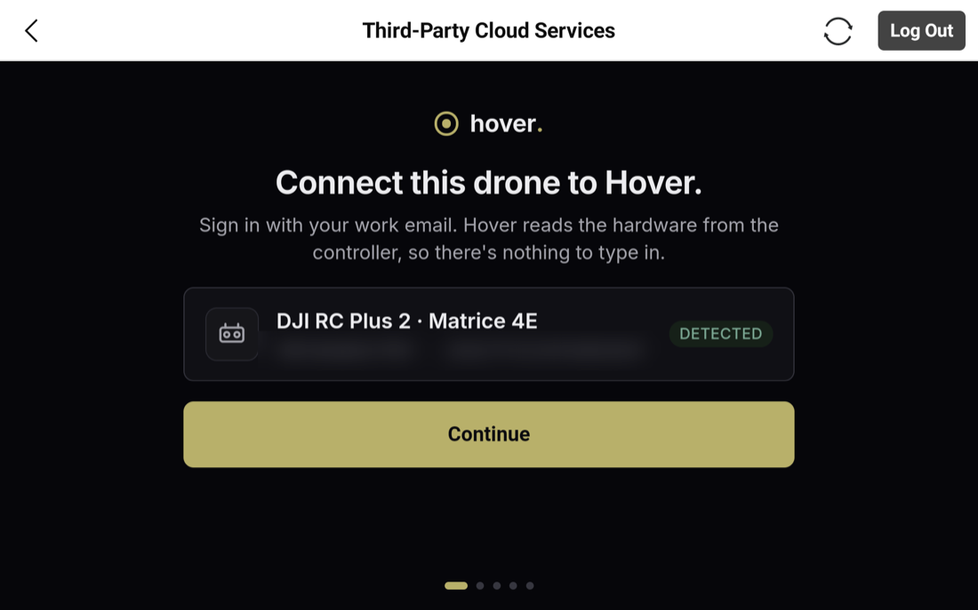 Hover adopt page welcome screen inside Pilot 2, reading Connect this drone to Hover, with the detected RC and aircraft