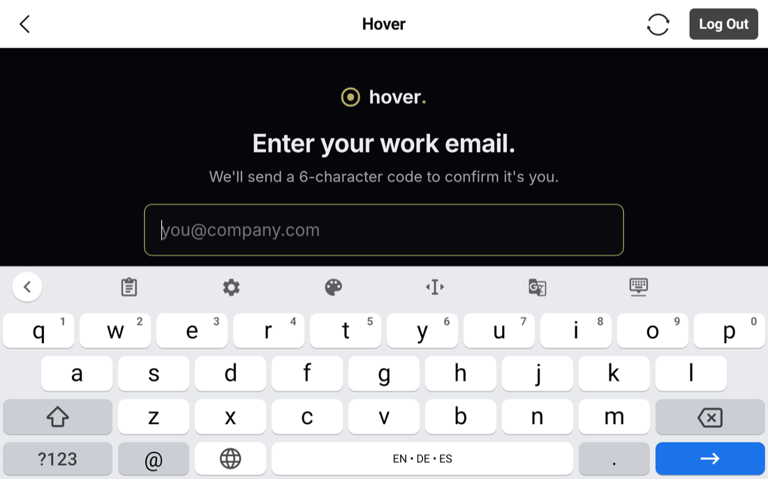 Hover adopt page email entry screen, reading Enter your work email