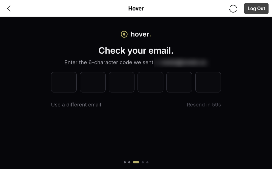 Hover adopt page code entry screen with six boxes for a verification code