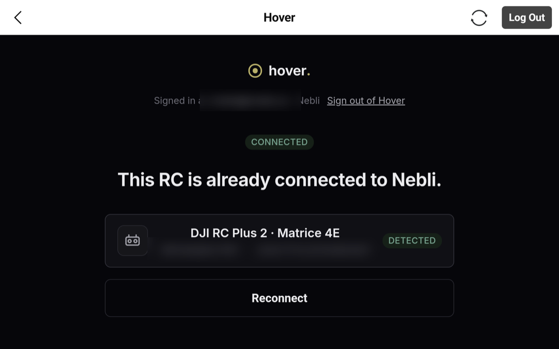 Hover adopt page showing This RC is already connected, with a Reconnect button