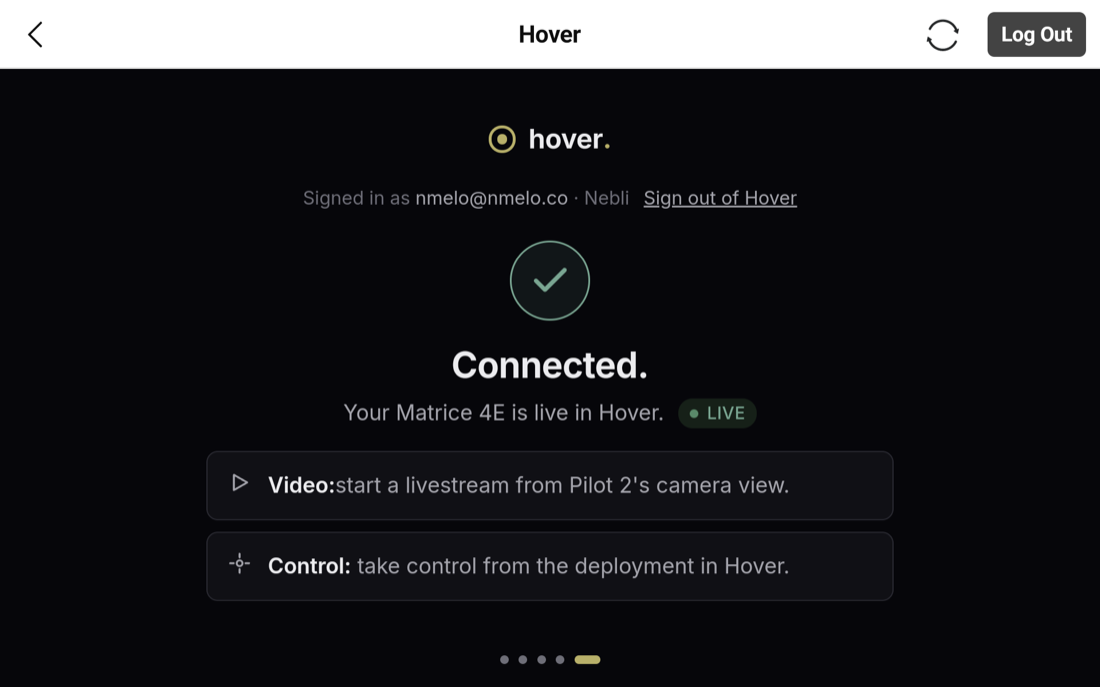 Hover adopt page showing Connected, with Video and Control next-step rows