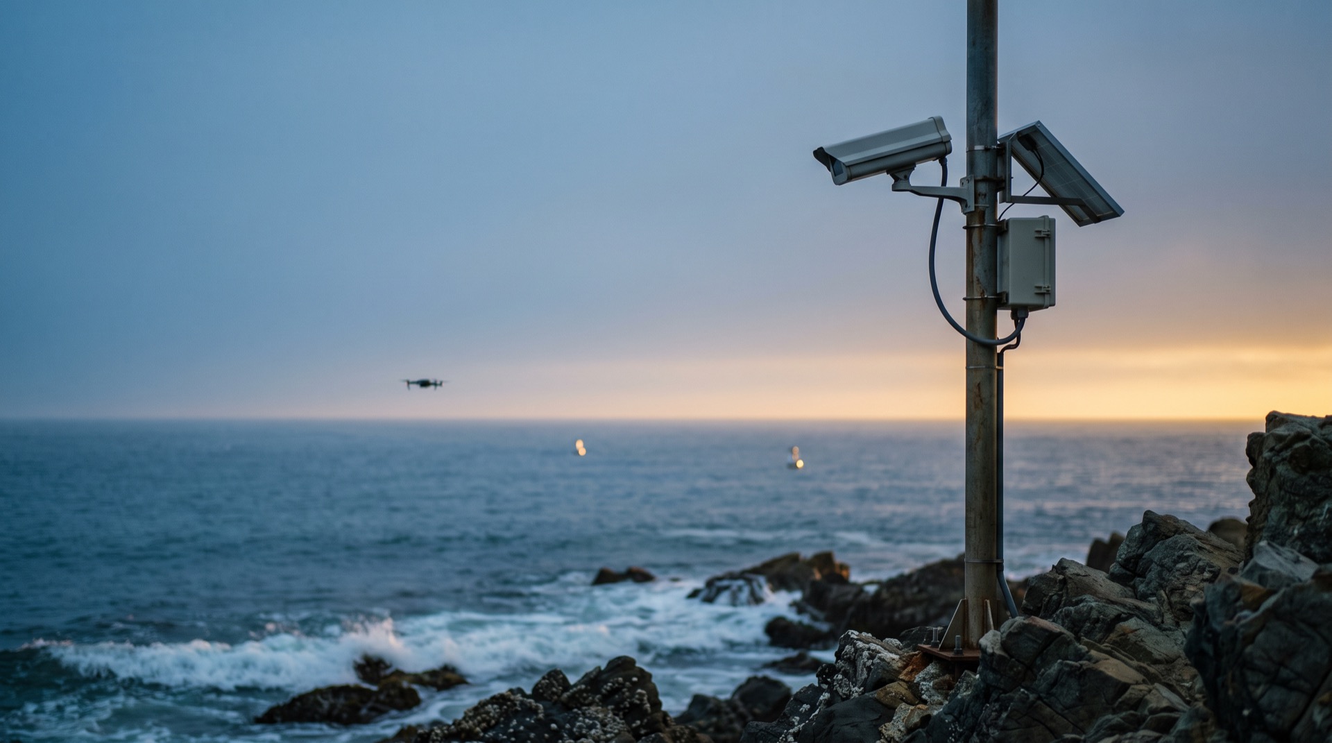 A camera and instruments on a pole above a rocky shore at dusk, looking out to sea, with drifters and a drone far out over the water: the kind of setup Nebli Marine is designed to bring into one record.